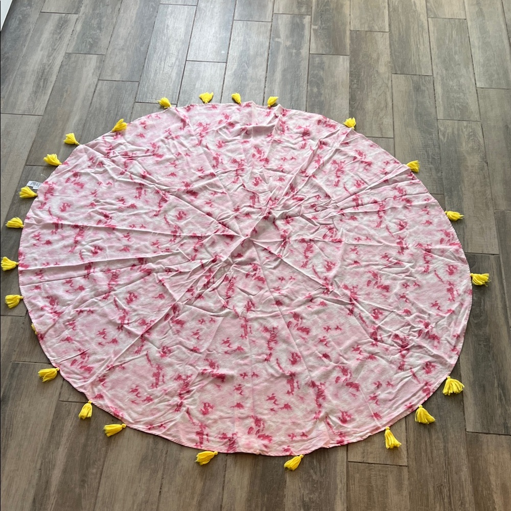 56” Round Pink Tie-Dye Beach blanket with Yellow Tassels